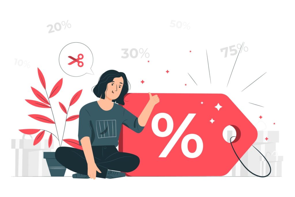 Cartoon of a person next to a huge discount sign.