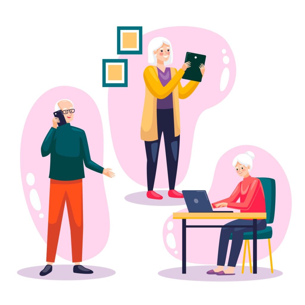 A cartoon image of people using IT devices