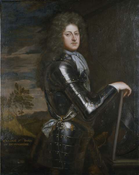 A 17c painting of a man with a curly wig and wearing armour William Cavendish