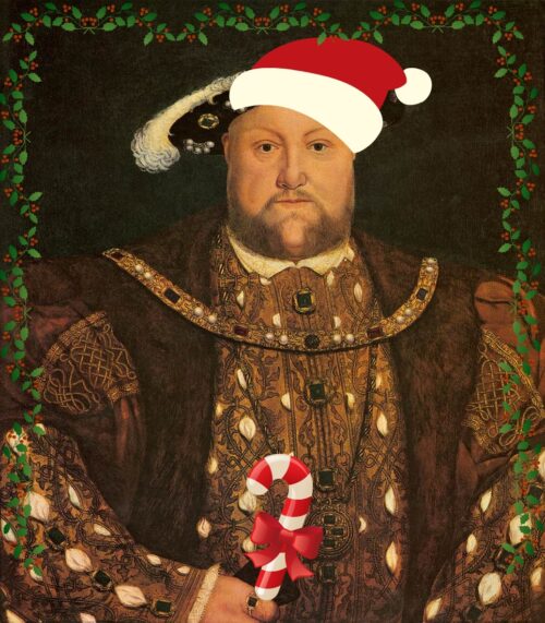 A portrait of King Henry VIII wearing a Santa hat